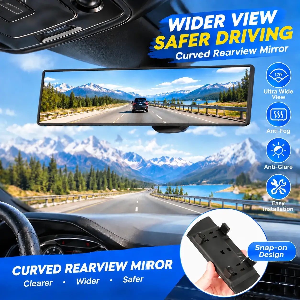 Clip-on wide-angle car rearview mirror, curved HD anti-glare rearview mirror, universal interior rearview mirror, reduces blind spots