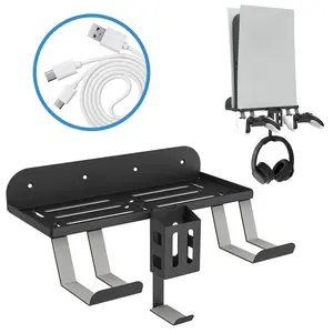 PS5 Wall Mount Kit with Charging,PS5 Console Holder for Playstation 5 (Disc & Digital), 6-in-1 PS5 Holder with 2 Detachable Controller Hanging Bracket/Headset Hanger/Remote Box/Dual Head  USB-C Charging Cable,with Non-Slip Mat Black Accessories