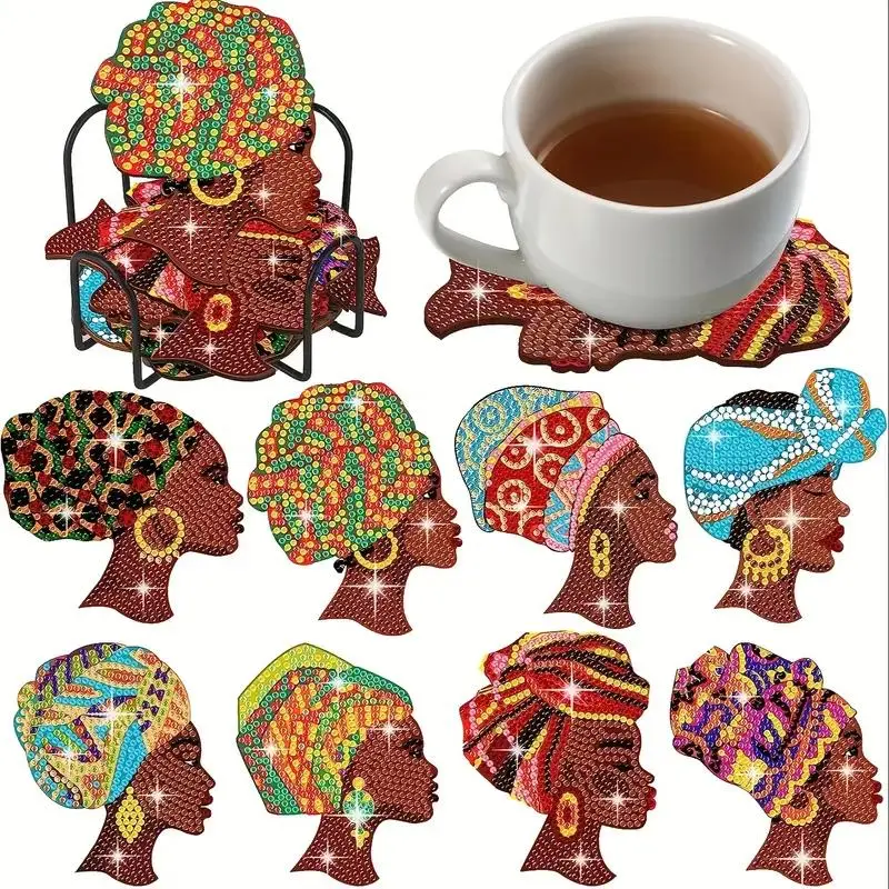 8-piece human figure women pattern artificial diamond painted coasters DIY Diamond Painting Coasters wooden table art coasters with stand, Wood Coaster Set, Decorative coaster, suitable for office coffee mats