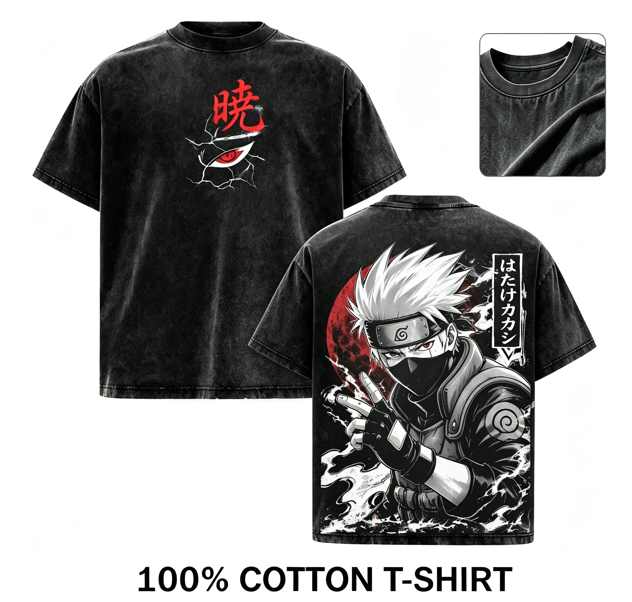 Men's Naruto Hatake Kakashi Printed 100% Washed Cotton Oversized Anime T-Shirt - Front-Back Graphic, Loose Hip-Hop Street Top, Casual Outfit for Anime Lovers