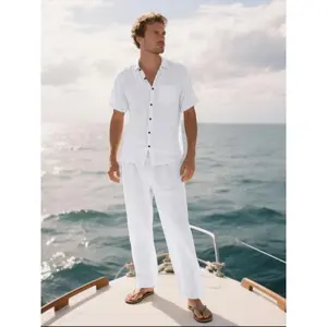 Men's Solid Color Linen Shirt & Pants Set, Regular Fit Casual Comfy Short Sleeve Collared Top & Trousers for Daily Wear, Men's for All Seasons(Sheet)