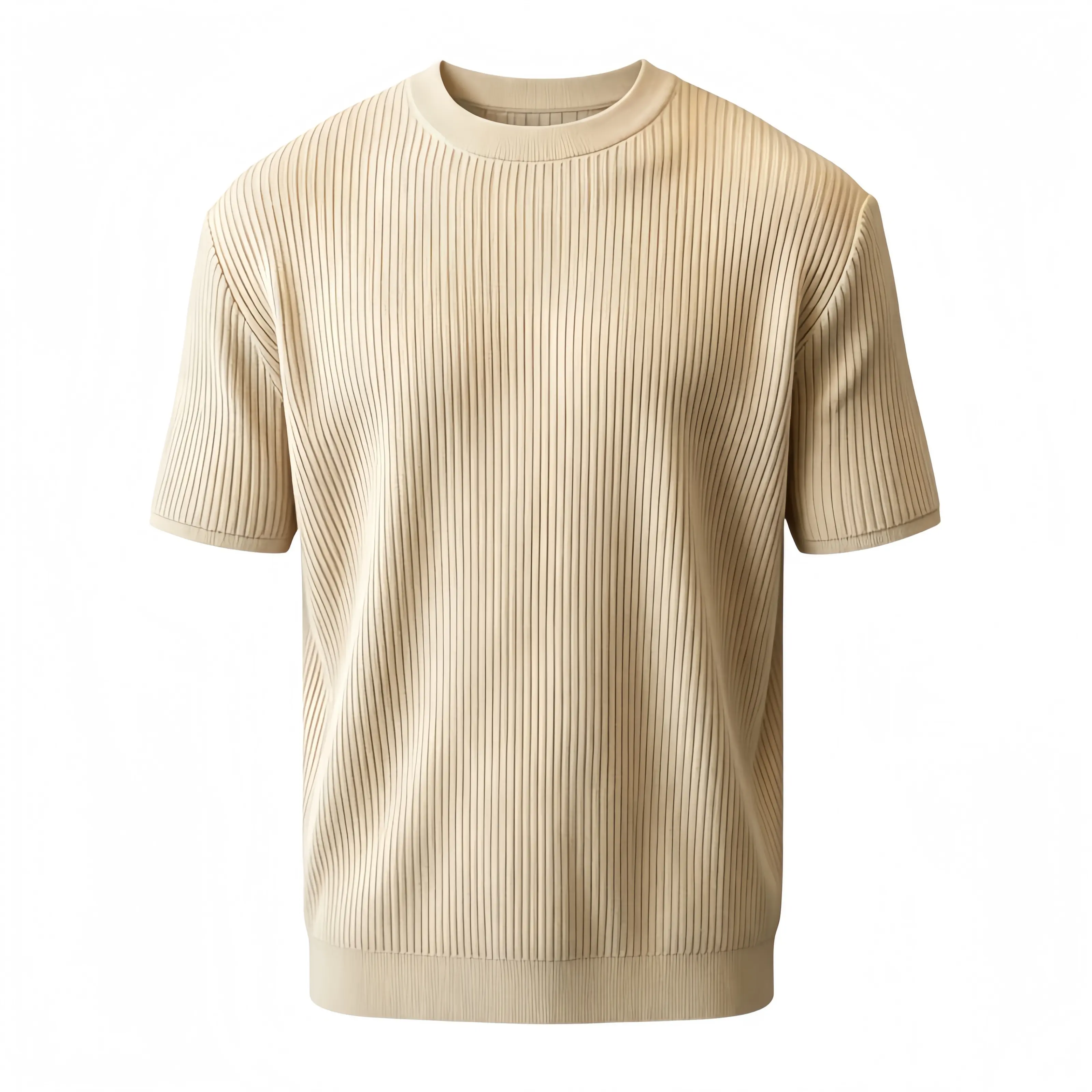 Men's Cream Vertical Ribbed Short-Sleeve Tshirt - Crew Neck, Slim Fitting, Breathable Stretch, Viscose Blend, Plain Top - Stylish Summer Layer for Daily Business Casual Outfits#SummerWins,Menswear,Classic,Clothes,Father's Day, Shortsleeve