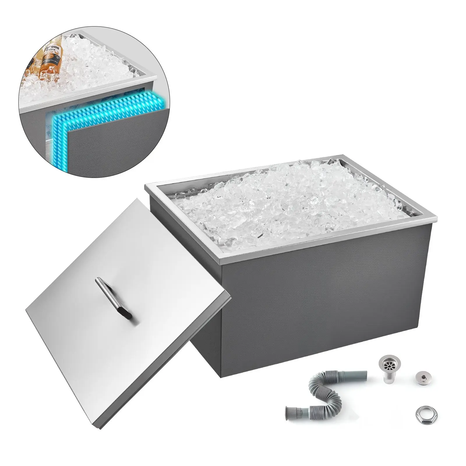 45.3 Qt Drop-In Ice Chest Cooler Bin Stainless Steel 22-Inch By 17-Inch By 12-Inch Ice Storage Container For Home Kitchen Patio Outdoor Bar Marine Boat RV Campers Food Grade Stainless Steel, Leak Resistant, Insulated