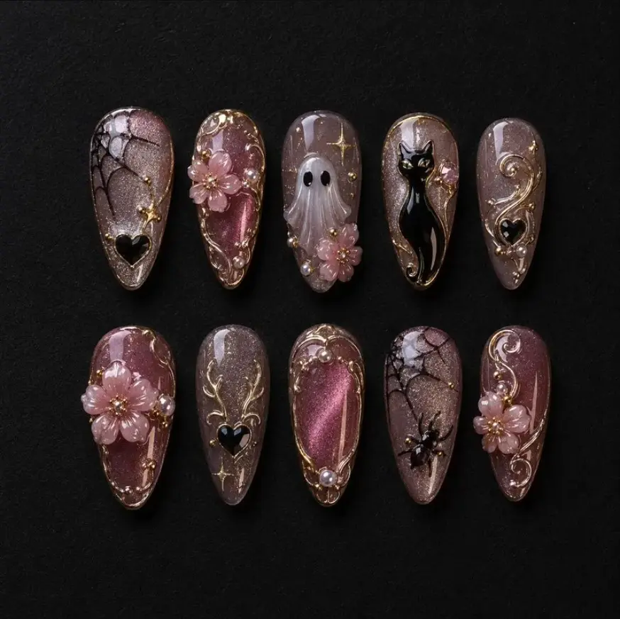 Pink Glitter Halloween Press On Nails Set, Cute Goth & Black Cat 3D Flowers Hand Painted, Scary Night Cosplay, Gif For Her