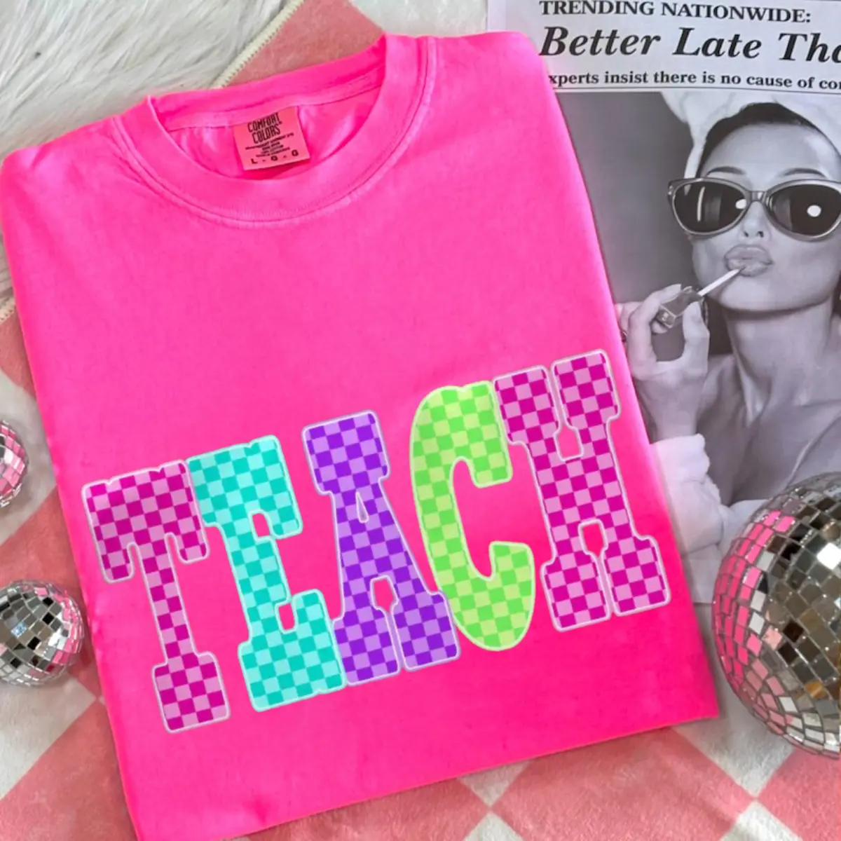 Comfort Colors Neon Checkered TEACH Tee, Colorful Back to School Top, Coquette Teacher Graphic Shirt for 1st 2nd 3rd Grade