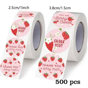 Strawberry Thank You Stickers - Floral Pattern Self-Adhesive Seal Sticky Labels for Summer Birthday Party Decor & Gift Wrapping Round Label