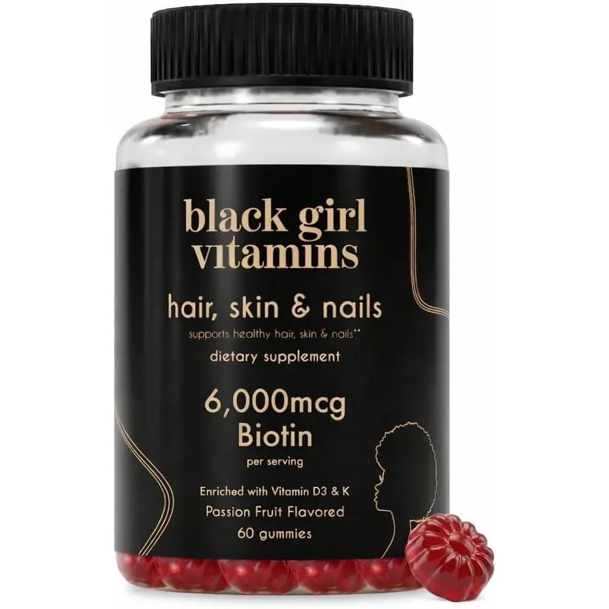 Black Girl Vitamins - Hair, Skin, and Nails Gummies with Biotin (6000 mcg), Zinc, Gelatin Free, Vitamin A, and Vitamin E - Gluten-Free. Made in The USA (Passion Fruit, 60 Count) 30 Day Supply
