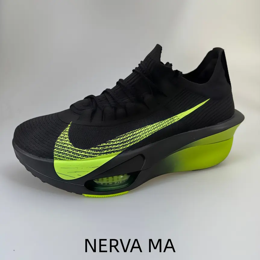 Slip-on sock fit athletic shoes with smooth black to neon green gradient midsole, provides steady thrust for casual jogging and official running races
