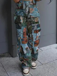 Women's Patchwork Art Print Pocket Cargo Pants, Casual Street Trousers for Daily Wear, Ladies Bottoms for All Seasons, Baggy Pants