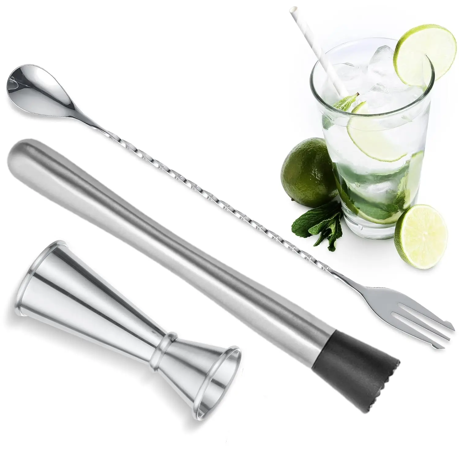 3-Piece Rustproof Stainless Steel Bar Utensils Set - Nylon-Tipped Muddling Tool for Fast Herb Crushing, Swizzle + Stir Mix Stick, Fruit Fork Trident, Liquor-Measuring Jigger for Professional Bar Use, Mojitos