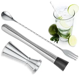 Set of 3 Stainless Steel Muddler for Cocktails, Mixing Spoon and Measuring Jigger, Professional Bar Tools, Bar Muddler for Making Mojitos, Margaritas and Other Fruit Based Drinks