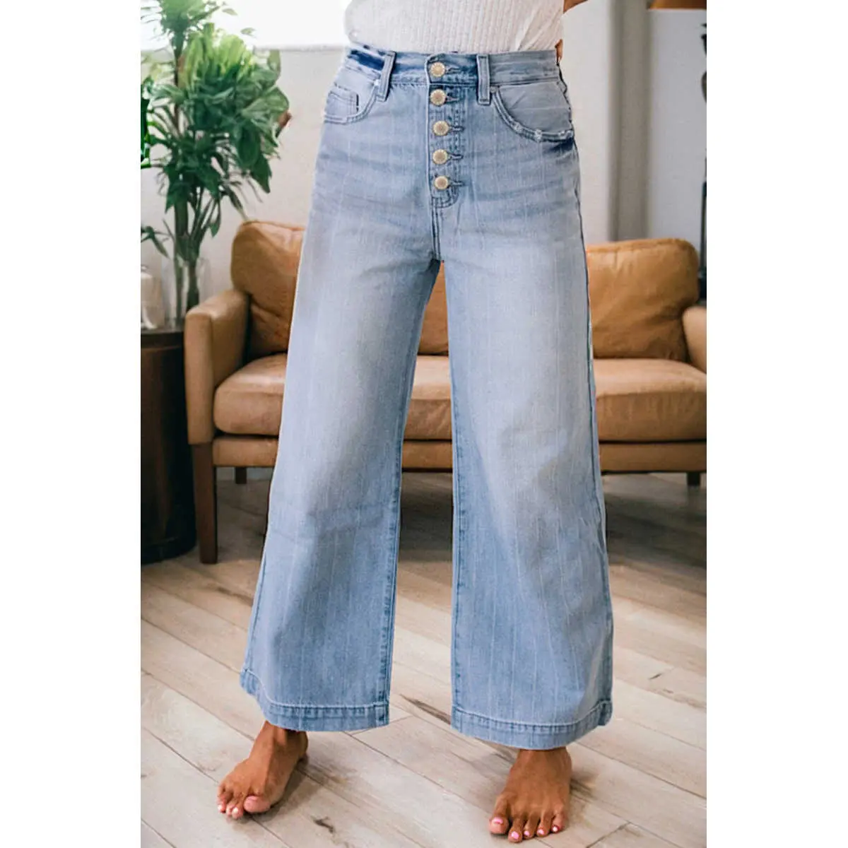 Women's Beau Blue Pinstripe Denim Mid-Waist Wide-Leg Bell-Flared Long Jeans - Basic, Multi-Button Fly, Comfortable Casual Fit Trousers, Flared Jeans, Mid Waist Jeans