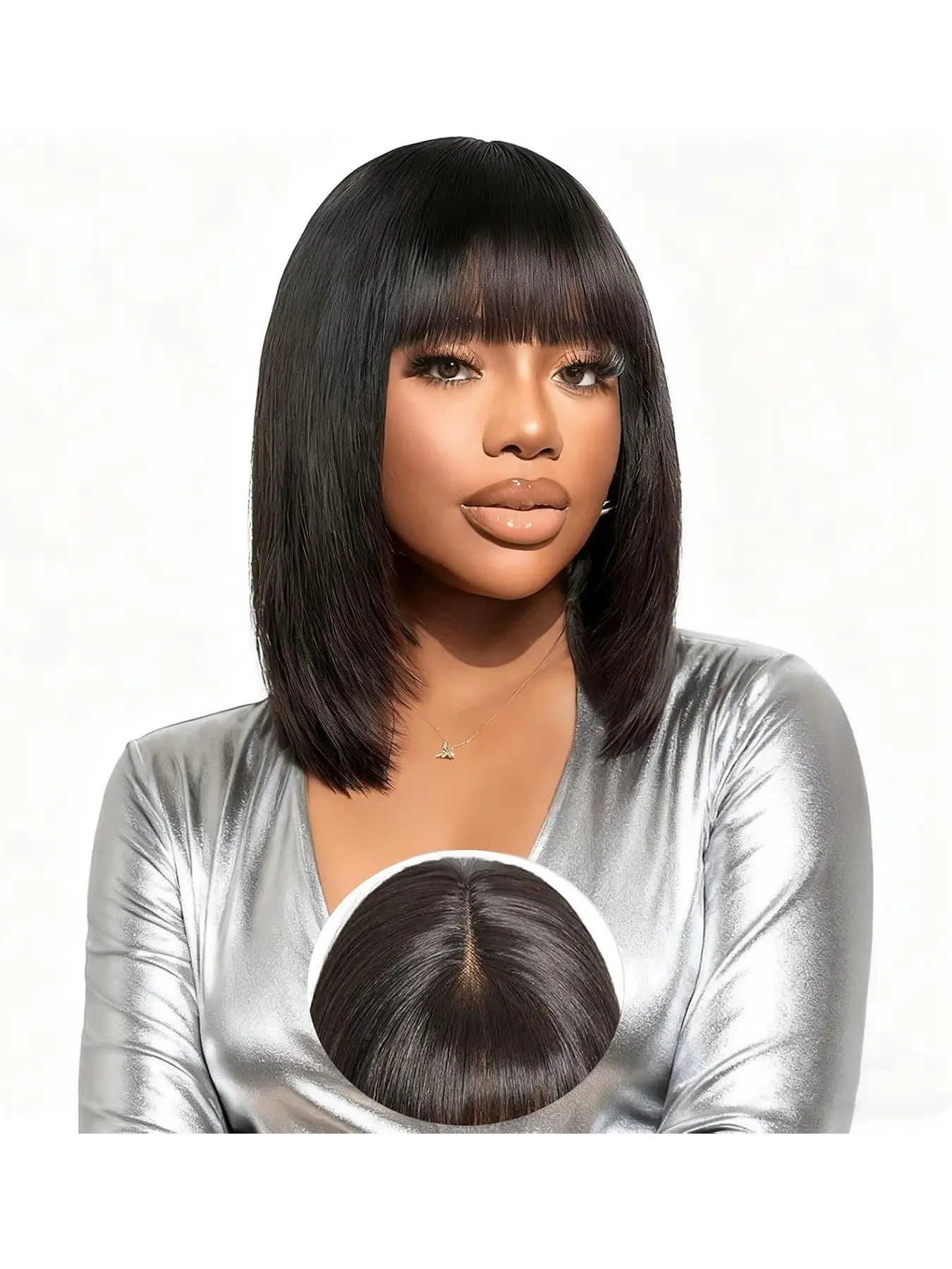 Straight human hair wig with bangs, 200% density, 3x1 lace front wig, no glue required for closure, bob wig, natural human hair, suitable for all women, natural color, 10 inches.