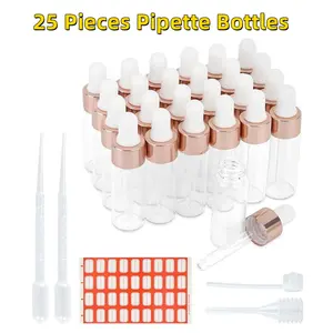 25 Pcs Pipette Bottles 5 ml, Transparent Glass Dropper Bottle, Mini Glass Bottle, Liquid Bottles, with 2 ml Dropper & Pipette & Long Tube Dispenser & 36 Labels, for Essential Oil Perfume
