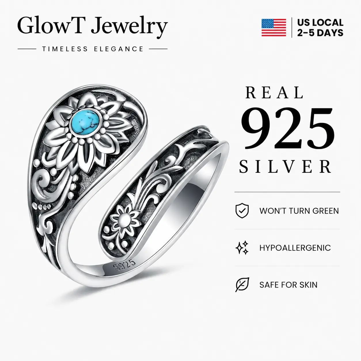 S925 Sterling Silver Turquoise Lotus Open Ring - Vintage Oxidized Floral Spoon Ring with Natural Turquoise, Hypoallergenic Adjustable Band for Sensitive Skin, Witchy Boho Jewelry for Spiritual Rituals & Earth Magic