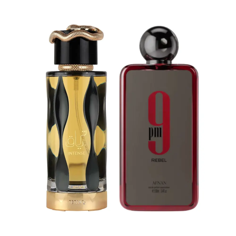 Women's 2-Piece Fragrance Bundle - Afnan 9PM Rebel & Lattafa Teriaq Intense Eau de Parfum Sprays, 3.4 Oz Each, Oud Amber Base