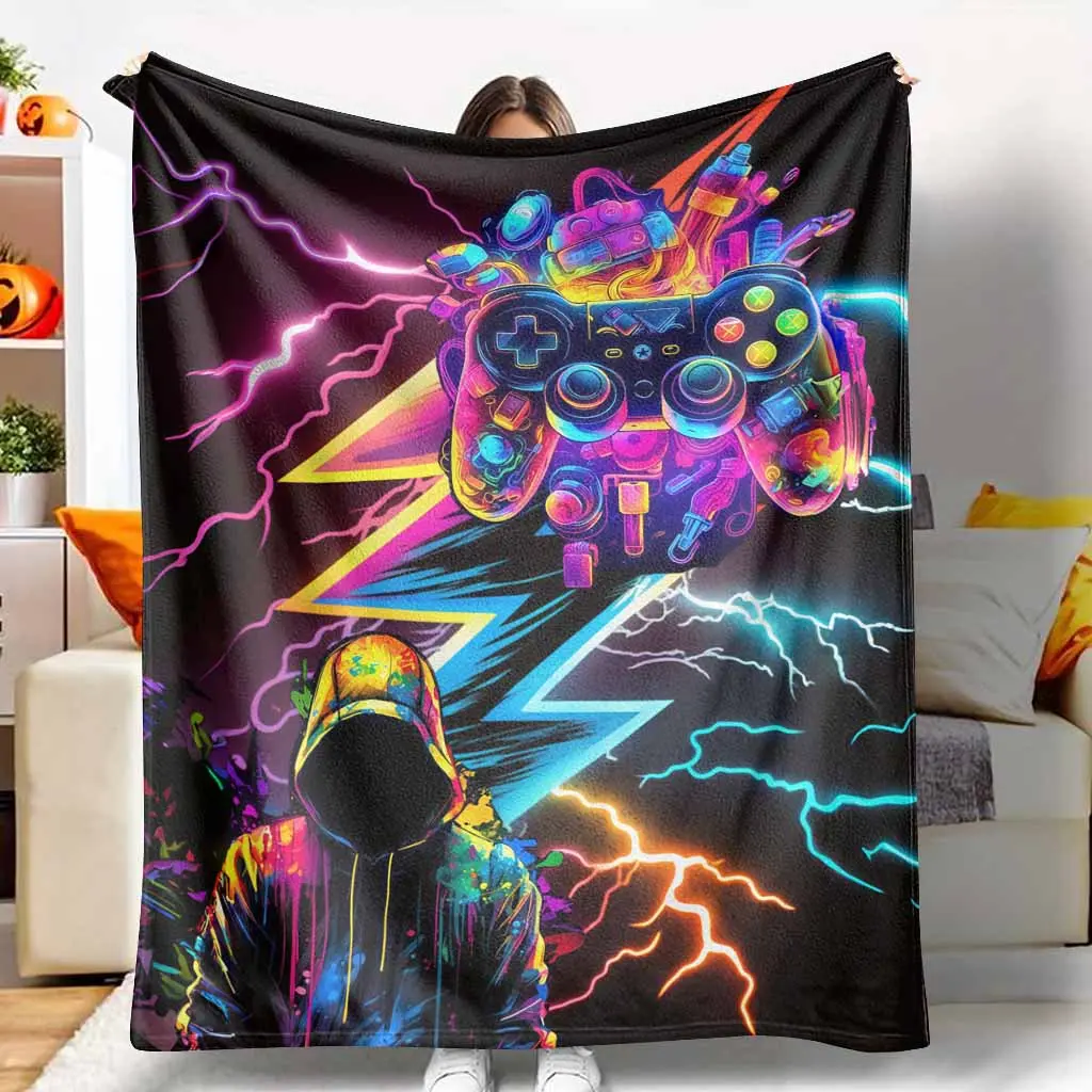 Gaming Zone Flannel Throw Blanket - Neon Controller Digital Printing, Ultra-Soft, Lightweight, Warm, Breathable, Wrinkle-Resistant, Durable, Machine-Washable, Ideal for Gamers' Rooms, Holiday Gifts