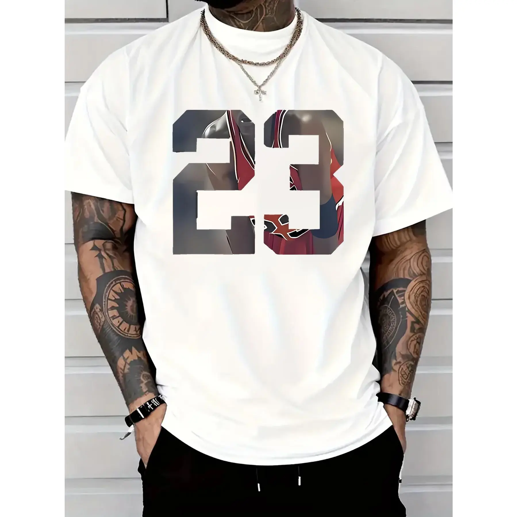 Men's size 23 patterned printed T-shirt, casual short-sleeve round-neck T-shirt, pure cotton, round-neck design, casual and stylish, trendy and versatile, comfortable and breathable, machine washable, suitable for all seasons. Personalized text T-shirt