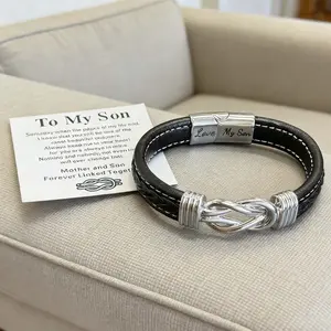Lacholin Mom to Son Leather Bangle Bracelet - Handmade Black Braided Single-Layer, Stainless Steel Magnetic Clasp, High-Quality Material, "Forever Linked Together" Daily Name Jewelry, Birthday Gift