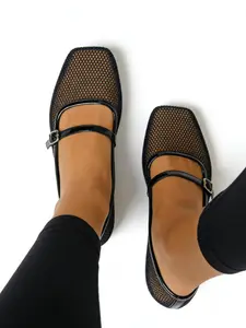 Women's Hollow Out Mary Jane Sandals, Square Toe Summer Breathable Flat Shoes, Casual Textile Upper Rubber Sole, Plain Pattern