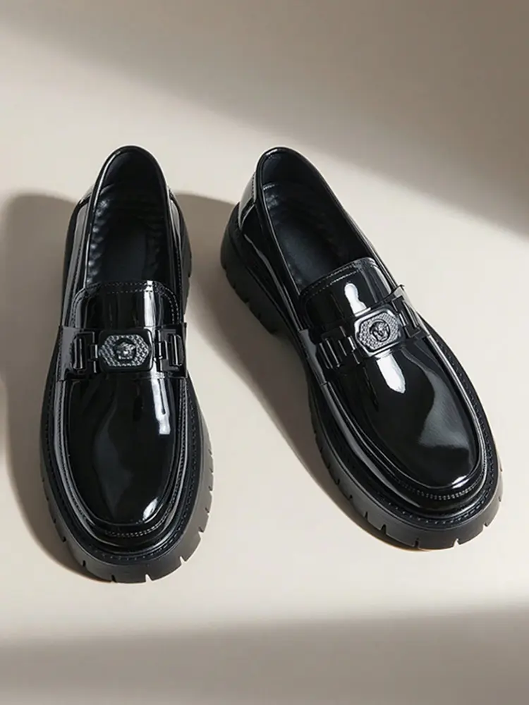 ONXITOM Men's Patent Leather Platform Loafers - Stylish Anti-Slip Lug Sole Slip-On Footwear, Comfortable Round Toe Loafer Shoes for Business Office & Casual