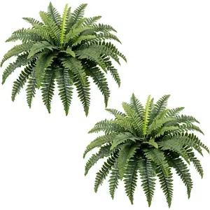 35-inch large faux shrubs, two artificial Boston ferns with 39 fronds, for outdoor hanging planters, garden porch, entrance, home decor
