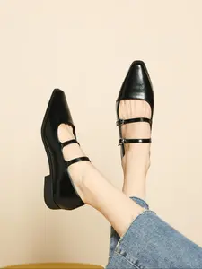 Vintage British PU Leather Mary Jane Shoes for Women, Square Toe Casual Flat Shoes, French Style Double Buckle Commuter Shoes, Classic Mary Jane, Office Shoes