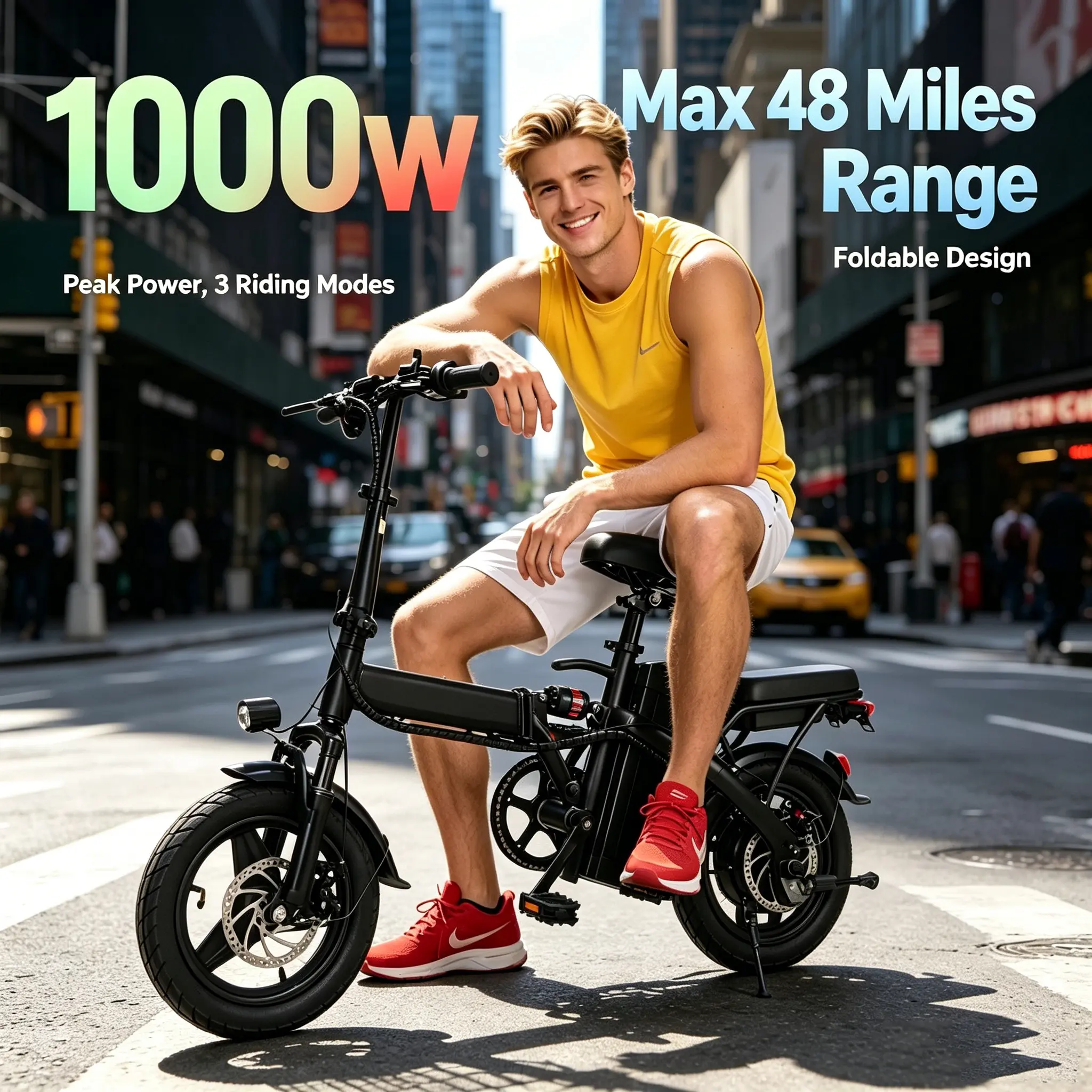 750W Folding Electric Bike for Adults 14 Inch Small Wheel Design 45 Mile Range Dual Disc Brake UL Certified Portable E-Bike Long Lasting Battery Urban Commuter 12-Month Warranty