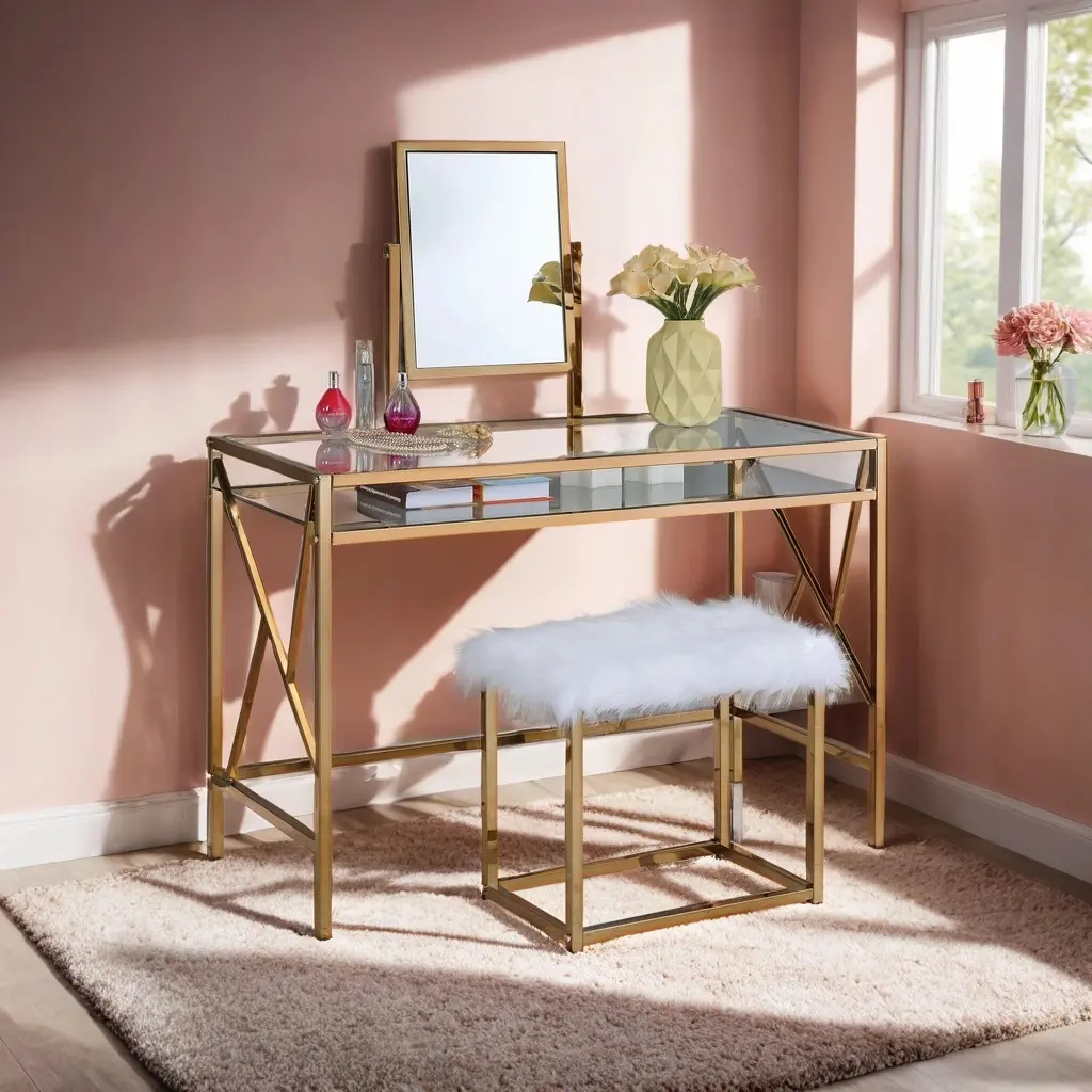 Celeste Contemporary Champagne/Chrome Metal Frame Vanity Set with Tempered Glass Top, Soft Faux Fur Stool, and Modern Design for Versatile Use