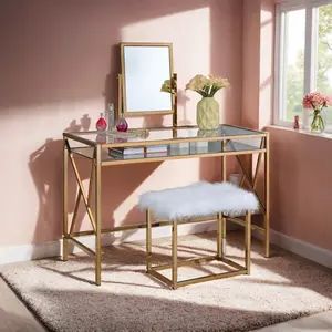 Celeste Contemporary Champagne/Chrome Metal Frame Vanity Set with Tempered Glass Top, Soft Faux Fur Stool, and Modern Design for Versatile Use