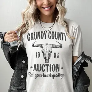 Grundy County Auction Vintage Inspired Concert Tee, Unisex Cotton Round Neck Tee with Graphic Printed Design, 90s Country Music, Western Boho Retro Style Tee