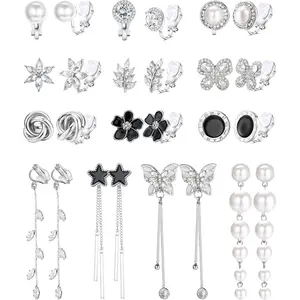 Sanfenly 13 Pairs Clip On Earrings for Women Gold/Silver Non Pierced Clip On Stud Earrings Clip Dangle Earrings Rhinestone Simulated Pearl Butterfly Flower Star Knot Hypoallergenic Clip Earrings Set