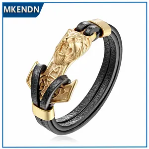 Mens Bracelets 18k Plated Leo Lion Stainless Steel Anchor Shackles Black Leather Bracelet Cuff Wristband Fashion Jewelry