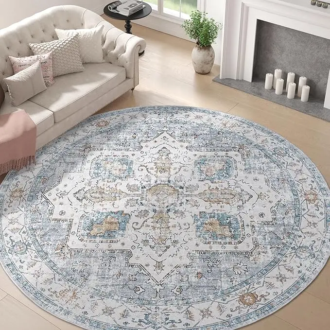 Vintage Retro Floral Round Decorative Rug, Machine Washable, Foldable, Anti-Skid Rubber Backing, Ultra-Thin Low-Pile Indoor Carpet for Living Room, Entryway