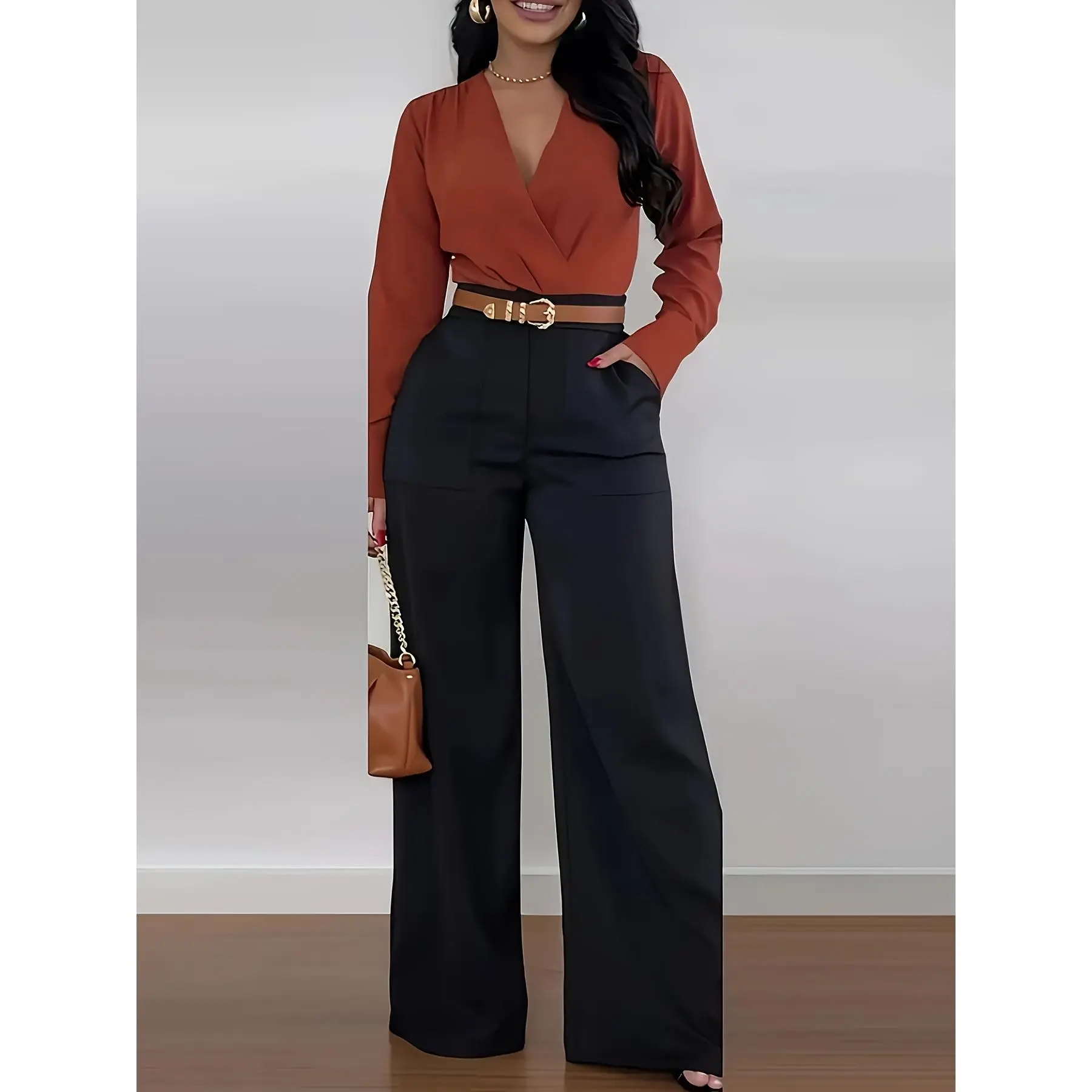 Women's High-Waist Wide-Leg Slacks - Elegant Solid Color Loose-Fitting Suit Pants with Flattering Slimming Drape, Normal & Plus Sizes