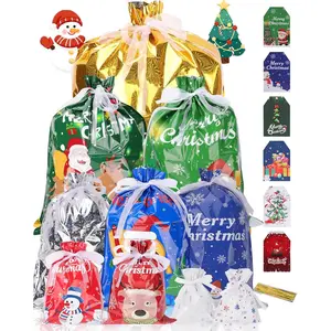 Christmas  Bags, 30 count Xmas Drawstring Wrapping  Bags with Tags 5 Assorted Sizes for Birthday Holiday Party - Large Medium Small