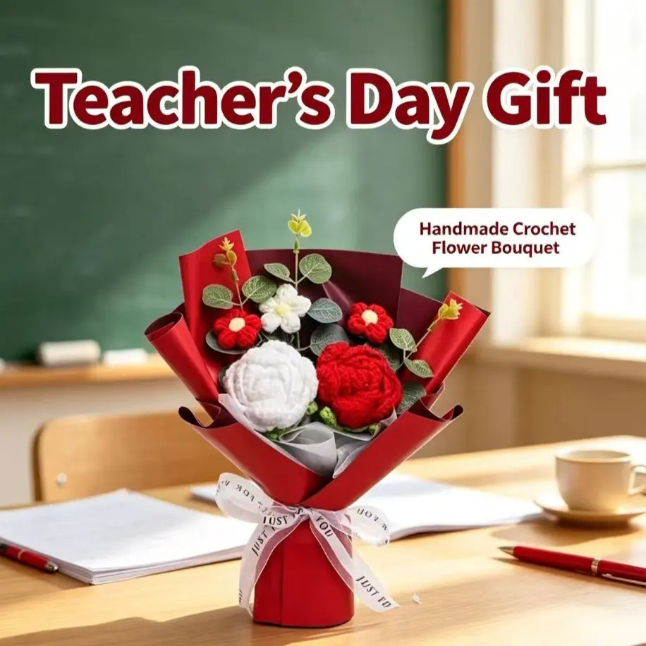 Handmade Knitted Rose  Handmade bouquet, Knitted bouquet, Rose bouquet, Teacher's Day gift, Birthday gift, Start of school season gift - Non-Wilting Festive Party Gift for Teachers, Mothers (Ideal for Teacher's Day, Mother's Day Celebrations)