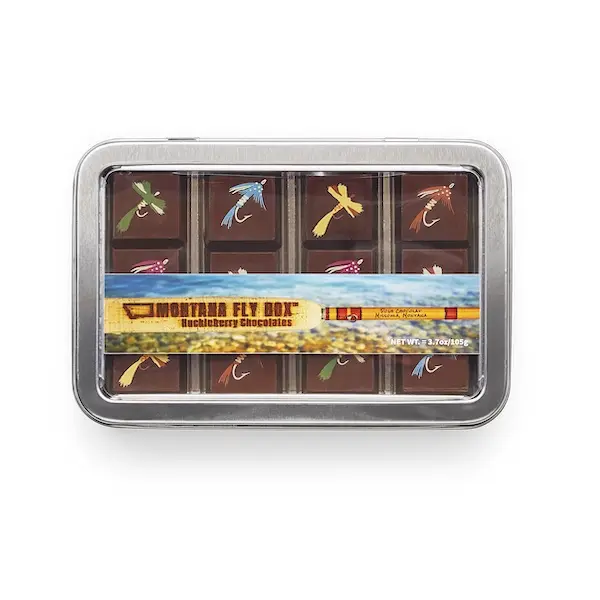 Montana Fly Box - 12 Huckleberry flavored dark chocolate bonbons