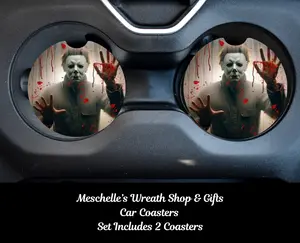 Horror Villain Bloody Hands Car Coasters, 2-Pack, Neoprene/Ceramic, Easy-Install, Spill-Proof Interior Accessories for Cup Protection, Stylish Functional Decor, Car Interior Decoration, Accessories For Car