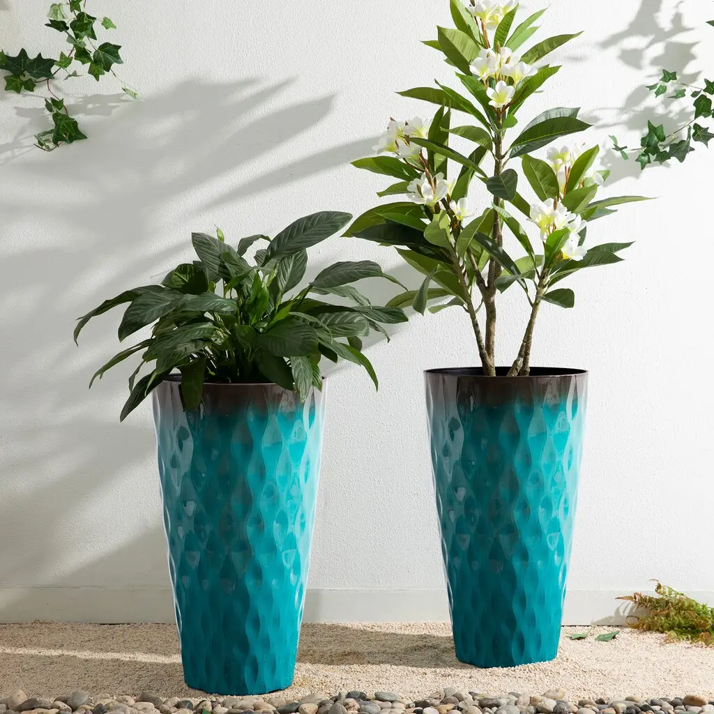 Glitzhome 23.75"H Oversized Wavy Texture Tall Plastic Planters (Set of 2) – Garden Pots, Decorative Garden Pots, Plastic Planters for Outdoor Plants