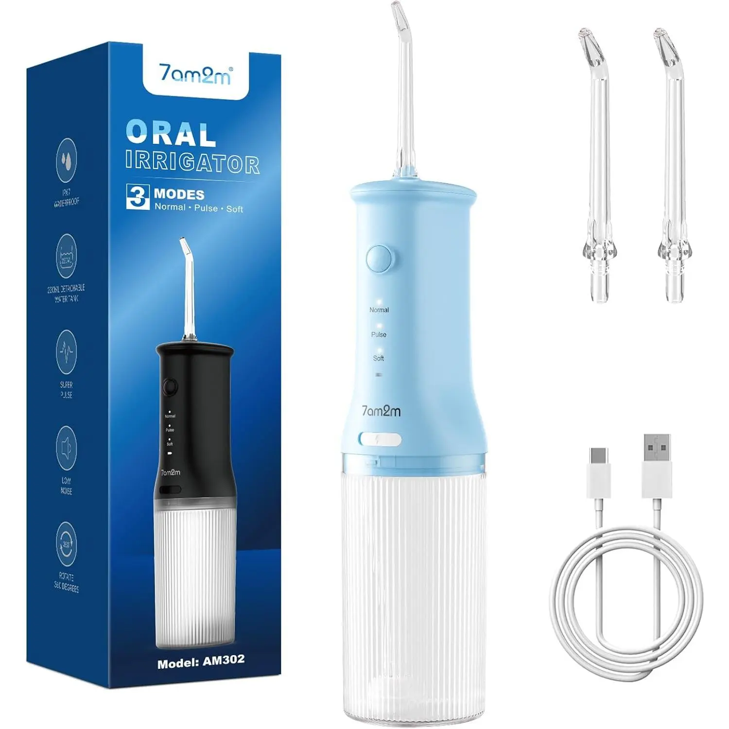 Portable Cordless Water Dental Flosser Teeth Cleaner, 3 Modes, 2 Tips, Fast Rechargeable, IPX7 Waterproof Mouth Care Tool for Travel & Home Use (Light Blue)