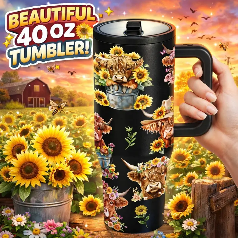AuraCup 1pc 40oz Insulated Tumbler with Handle and Lid, Insulated Water Bottle, Highland Cow Floral Farm Style Stainless Steel Travel Cup, Cowgirl Sunflower Design Coffee Mug, Gift for Farm Lovers, Insulated Drinkware, for Hot Cold Drinks