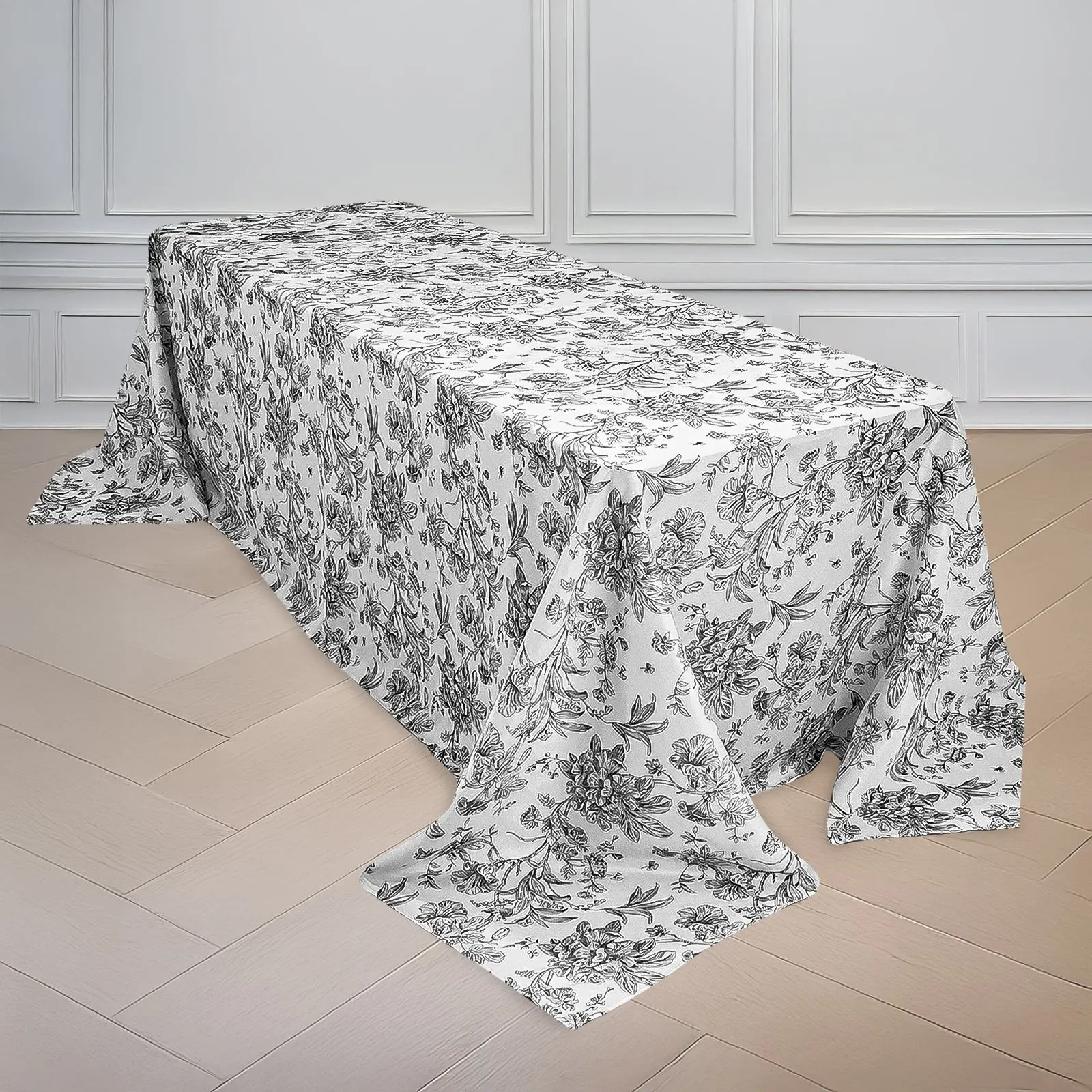 Rectangle Tablecloth - 90x132in White Polyester with Black French Toile Pattern, Seamless Durable Outdoor Table Cover for Weddings, Chic Events, Durable Tablecloths
