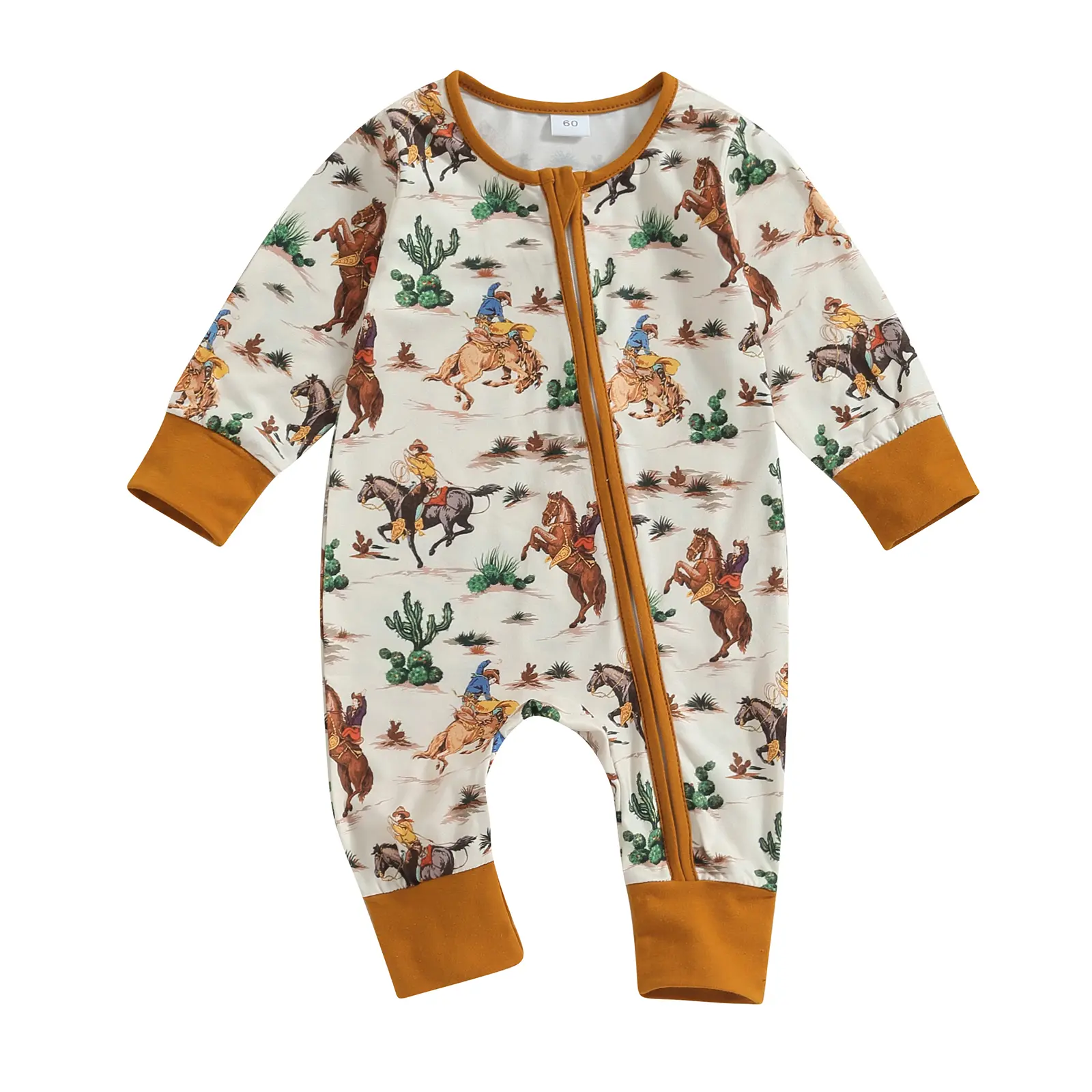 REDWOON Western Baby Cowboy Clothes Neutral Zipped Fall Romper Outfit for Boy Girl Infant Lapel Cow/Horse Print Jumpsuit
