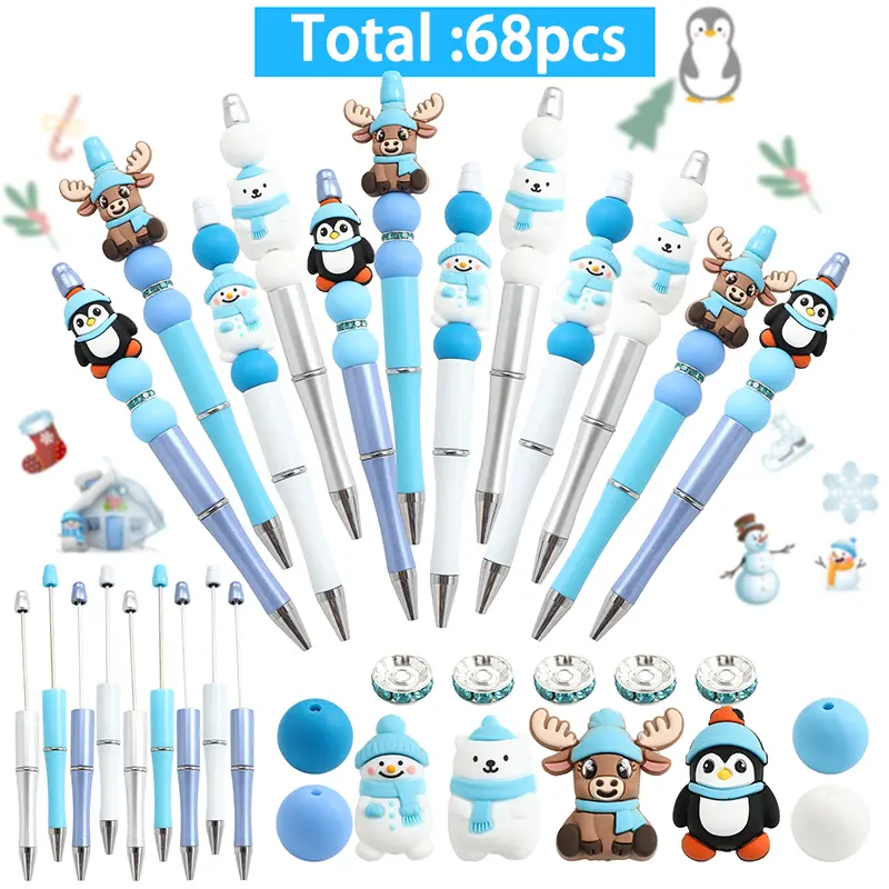 68 Christmas Bead Kits with Cute Penguin & Snowman Patterns - Non-Toxic Silicone Handcrafted Beads for DIY Jewelry, Keychains - Ideal for Winter Parties, Gifts, Graduations, Family Gatherings, Thanksgiving, Valentine's Day, Mother's Day
