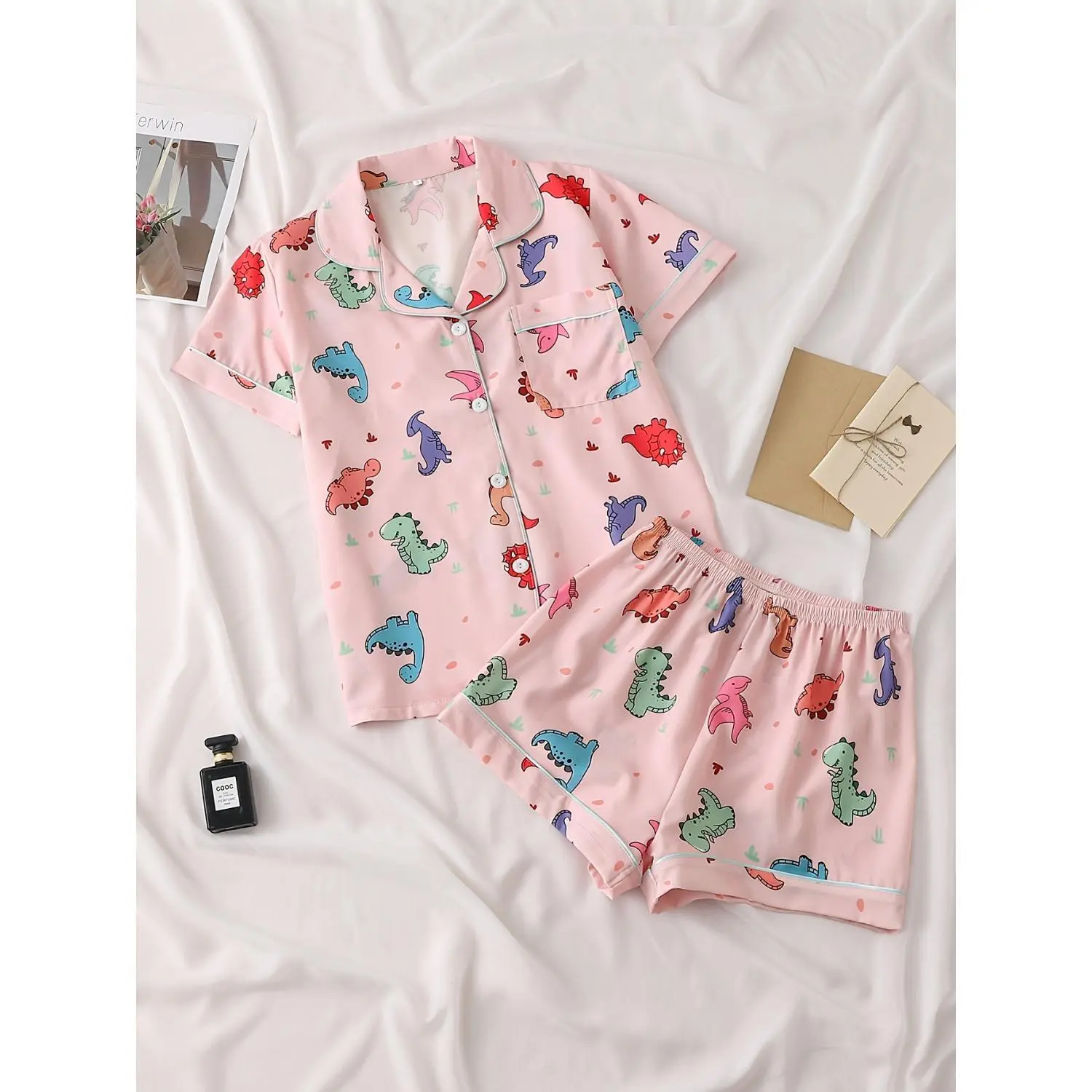 Women's Satin Cartoon Dinosaur Pajama Set, Short-Sleeve Stand-Collar Top with Matching Shorts, Ideal for Home Wear