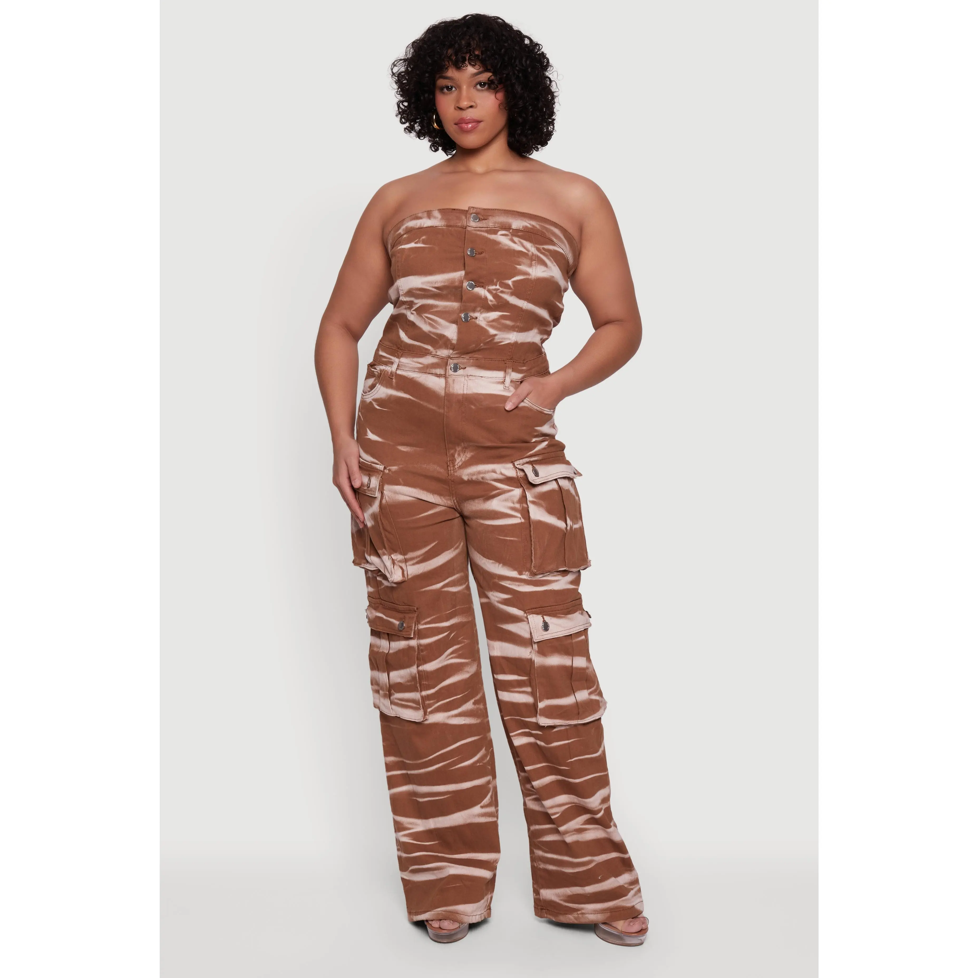 Plus Size Strapless Denim Utility Cargo Jumpsuit
