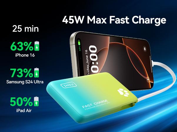 INIU PawGO 45W 10000mAh Power bank with Built-in USB C Cable, Slim PD Fast Charging Portable Charger Travel LED Display Light Battery Pack, External Phone Charge for iPhone 17 16 15 14 13 12 11 Series Samsung iPad Aipods Google Pixel Switch Perfect Gift,s