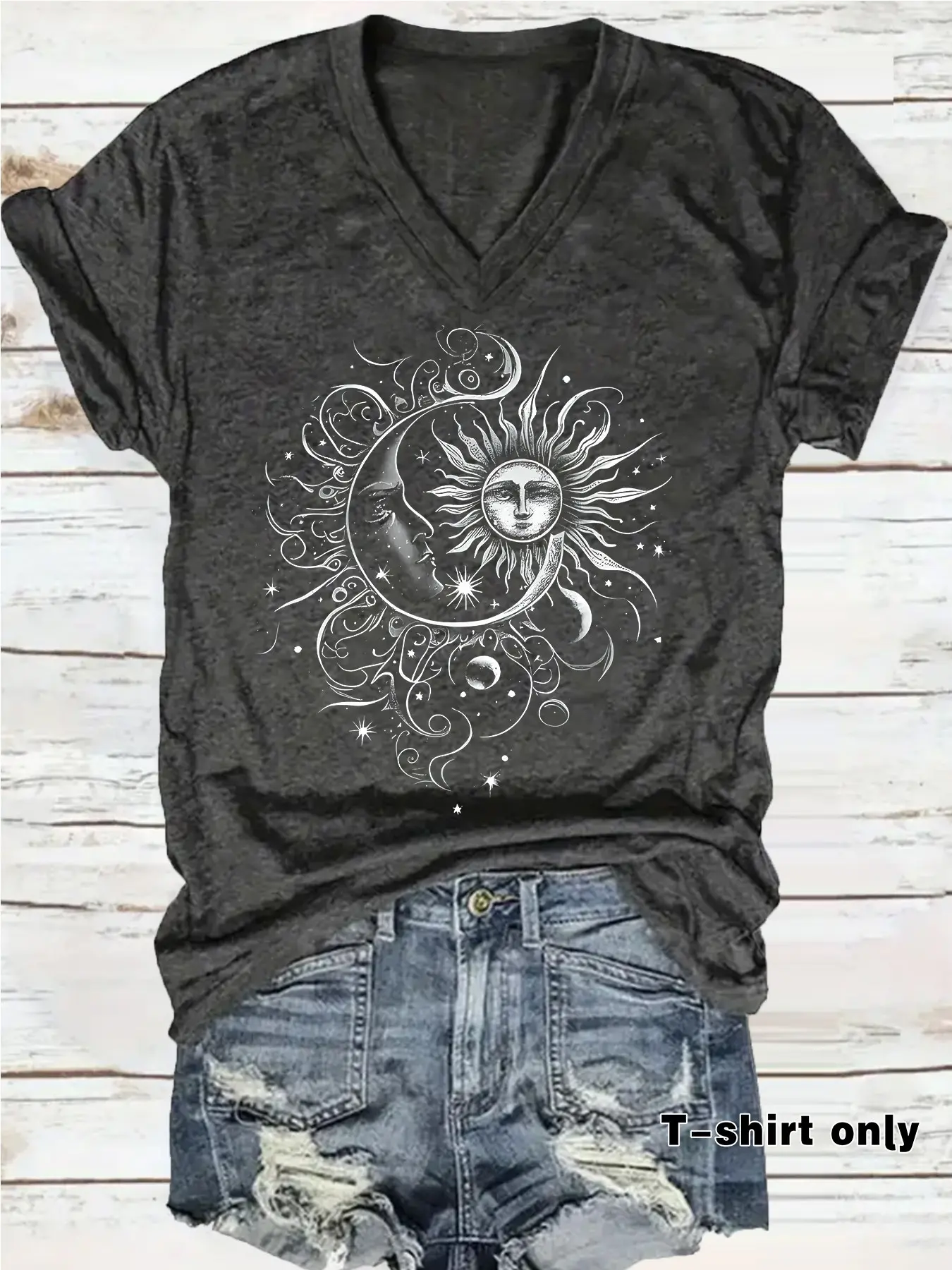 Women's Summer Casual Loose-Fitting V Neck Short Sleeve Top, Casual Tops, Womenswear, Streetwear Artistic Sun Moon Print Vintage Style, Casual Chic Minimalist, Casual Stylish Tee, Comfortable Breathable S-Xxl, Casual Comfy Tee