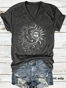 Women's Summer Casual Loose-Fitting V Neck Short Sleeve Top, Streetwear Artistic Sun Moon Print Vintage Style, Comfortable Breathable S-Xxl